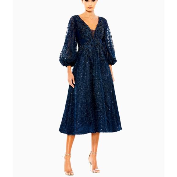 Mac Duggal Women's Blue Embellished Plunge Neck Bishop Sleeve Dress Size 14 - Picture 1 of 10